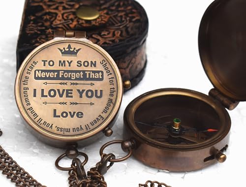 Brass Mom to Son Compass–Father to Son Gifts- to My Grandson -Graduation Day Gifts for Son-Birthday, Baptism, Graduation, Confirmation, Communion Compass for Women Men
