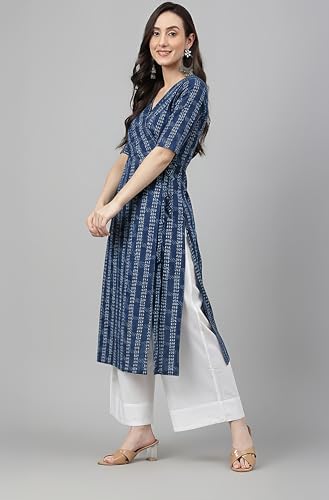 Image of Janasya Women's Navy Blue Pure Cotton Geometric Straight Kurta