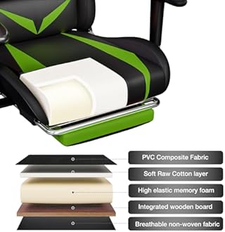 HOFFREE Gaming Chair with Bluetooth Speakers and Led Lights Massage Vide Game Chair with Footrest Reclining High Back Computer Gamer Chair Green and Black