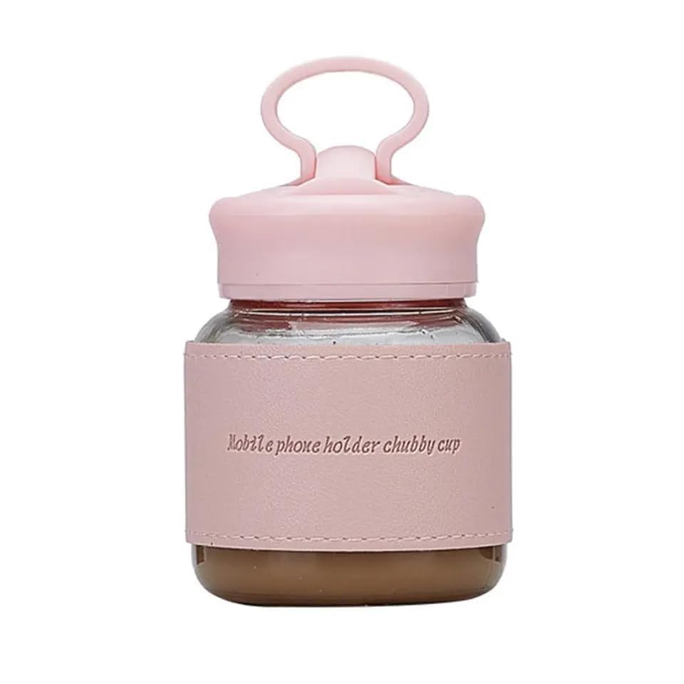 Image of Glassbunny Fat Cup Beauty Mini Portable Small Water Bottle with Mobile Phone Stand Mini Glass Bottle for Travel, Home, Office, Gym 320ml Glass