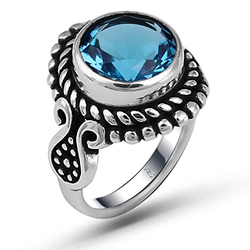 925 Sterling Silver Round Brilliant Cut Simulated Aquamarine Stone Luxury Statement Birthstone Ring for Women, 8, Metal Stone, simulated-aquamarine