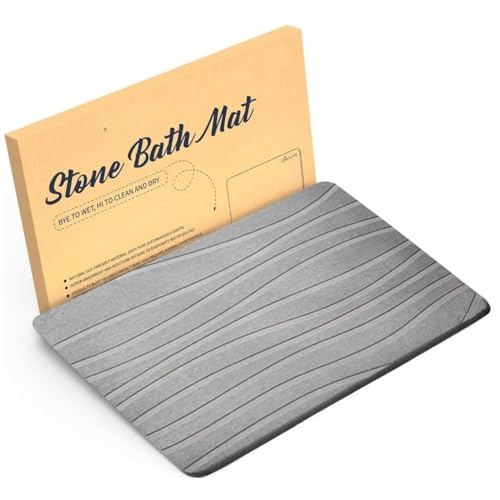 Image of SUTERA Rubber- Stone Bath Mat, Diatomaceous Earth Shower Rectangular Shape Mat, Non-Slip Super Absorbent Quick Drying Bathroom Floor Mat, Natural, Easy to Clean (Dark Grey Straight (Small))