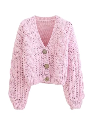Women Handmade Chunky Knit Tops Cropped Knitted Cardigan Sweater Vintage Long Sleeve Female Outwear