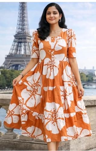 Image of Women's Rayon Floral Printed Midi Dress | Casual Fit & Flare One Piece Dress for Women | Stylish Short Sleeve Western Dress
