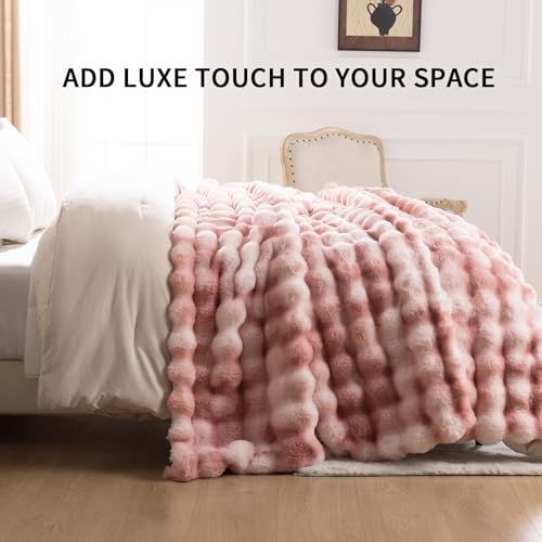 Cozy Faux Fur Throw Blanket for Couch-Warm Fuzzy Throw Blanket, Soft Plush Thick Bubble Blankets for Bedroom and Living Room, Furry Luxury Blanket, 90 x 90, Tie-Dye Pink
