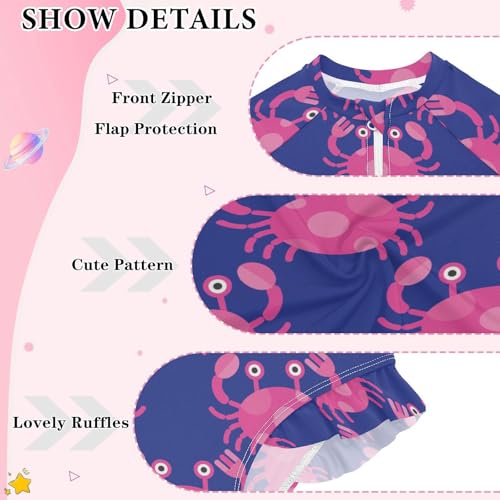 CaTaKu Girls One Piece Swimsuit Cute Pink Crab Bathing Suit Long Sleeve UPF 50+ Rash Guard Swimwear 3-12Y3