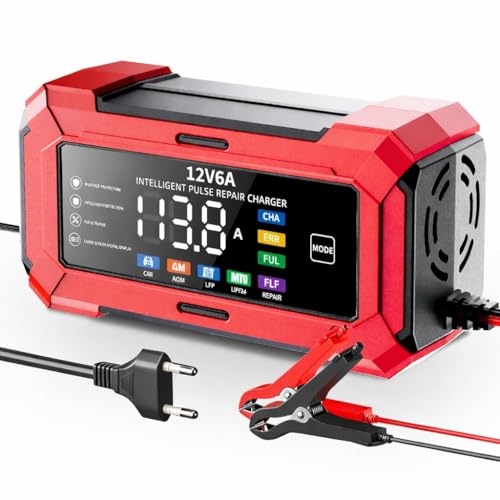 Image of Ash & Roh 12V 6A Smart Pulse Repair Car Battery Charger with Digital LED Display - Automatic Charging for Lead-Acid, AGM, Gel & EFB Batteries (Not for Lithium Batteries)