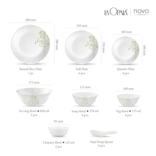 Image of La Opala Novo Collection Opal Glass Crockery | for Family of 6 | Dinner Set 35 pcs Blissfull Green | Plates & Bowls for Dining | Microwave Safe | 100% Vegetarian | Extra Strong | Light & White