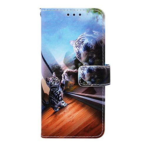Samsung Galaxy A10 M10 Case, Shockproof PU Leather Flip Notebook Wallet Case with Magnetic Closure Kickstand Card Holder ID Slots Folio Slim Soft TPU Bumper Protective Skin Cover Cat in Mirror