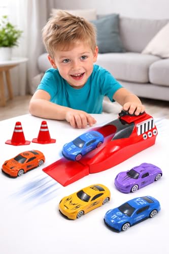 Image of Royals hub Big Size Rapid Launcher High Speed Car Set of 4PCS Die-Cast Metal Car Set Stunt Car Master Racer with High-Speed Launcher Includes 3 Road Blockers 1 Stopper Birthday Gift for Boys Girls 3+