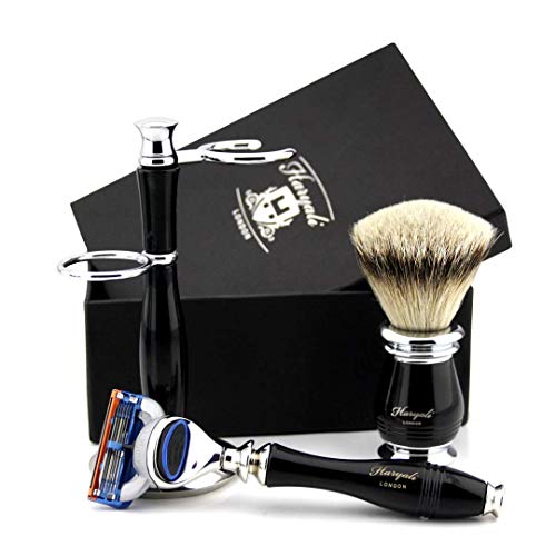 Haryali London Mens Shaving Kit 5 Edge Safety Razor With Silver Tip Badger Hair Shaving Brush and Stand Perfect Set For Men
