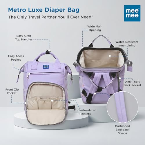 Image of Mee Mee Metro Luxe Mom Diaper Bag Backpack | Large Capacity Baby Bag with Multiple Pockets | Bottle Warmer Pocket | Changing Mat | Travel-Friendly & Stroller Straps | Waterproof & Stylish