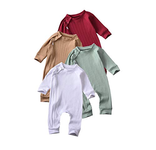 Lelloing Newborn Baby Boy Long Sleeve Romper Infant Girls Solid Color Footed Onesie Ribbed Jumpsuit Unisex Basic Pajamas(3-6M,Jumpsuit-Pink)