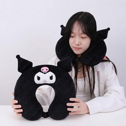 Image of SHAKTISM Cute Cartoon U-Shaped Neck Pillow for Travel | Soft Plush Neck Support Cushion for Kids & Adults | Lightweight Portable Headrest for Car, Flight & Home Use (Black)