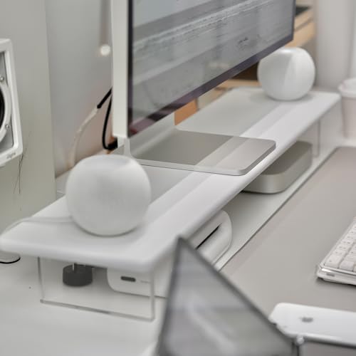 Image of Bamboo Monitor Stand Riser with Acrylic Legs for Desk, 31.5 Inches Desktop Shelf Supports for PC Computer Monitor, Laptops, Printer, Speakers (White)