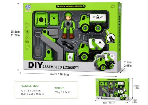Image of DIY Assembled Sanitation Truck Toy Set for Kids 3+ | Take Apart Garbage Truck with Screwdriver, Worker Figure & Tools | Educational Construction Vehicle Puzzle Assembly Toy for Boys & Girls