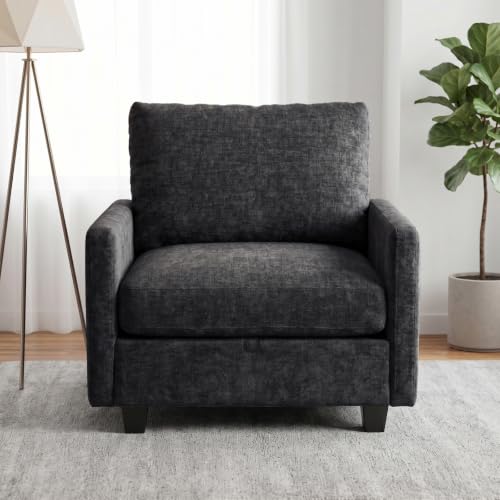 Image of Singel Seat Modern Couches for Living Room, 38 inch Single Sofa with Storage | High Resilience Foam, 22 inch Seat Depth, Movable Ottoman, Comfy Chenille, Easy Assembly, Black