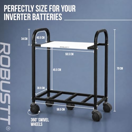 Robustt 2-Tier Metal UPS Inverter Trolley for Home | Heavy-Duty Inverter Battery Stand | 100 kg Load Capacity | Powder-Coated Rust-Resistant Frame | 5 Plastic 360° Swivel Wheels | Black - Image 8