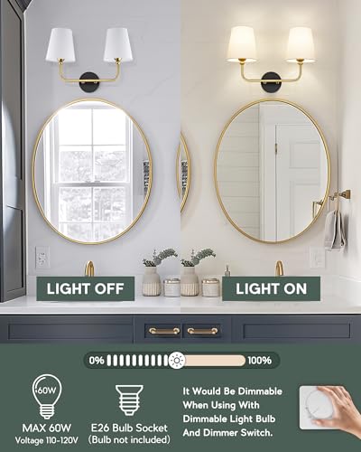 Image of 2-Light Bathroom Light Fixtures, Black and Gold Vanity Lights, Double Wall Sconce with Flared White Fabric Shade, Modern Sconces Wall Lighting for Hallway Bedroom Stairway, VL837-KG-2
