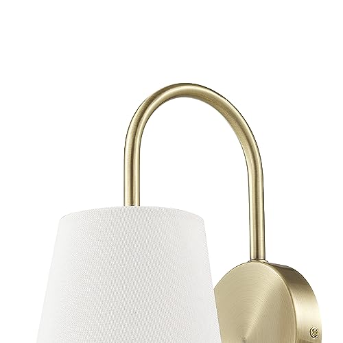 Image of Globe Electric 65000053 1-Light Hardwire or Plug-in Wall Sconce, Matte Brass, White Textured Shade, Arched Arm, Lighting, Home Decor, Lights for Bedroom Plug in