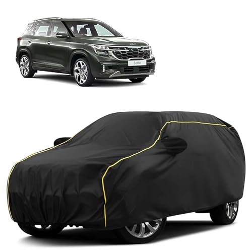 Image of Sulfar 100% Water Resistant Car Body Cover Compatible with Mirror for Kia Seltos (Triple Stitched, Full Bottom Elastic, Black Taffeta with Yellow Piping)
