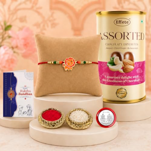 Image of DeoDap Rakhi with Chocolate for Brother - Cute Lion Design Multicolor Kids Rakhi with Assorted Chocolaty Dryfruits, Greeting Card, Silver Color Pooja Coin & Tilak Set - Traditional Raksha Bandhan Festive Combo Pack