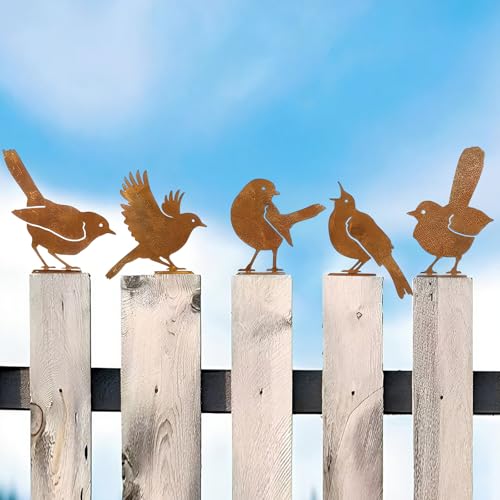Qixuer Decorazione da Giardino, 5 Pezzi Uccelli Arrugginito Metallo, Uccelli in Ferro Arrugginito Decorazione per Recinzione da Giardino