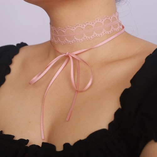 Vintage Lace Bow-knot Collar Choker Necklace - Gothic Lace Pattern - Halloween Costume for Women (Pink)3
