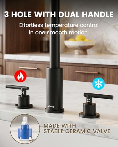 Image of APPASO 4 Hole Black Kitchen Faucet with Pull Down Sprayer & Soap Dispenser | Matte Black Square Neck Kitchen Sink Faucet with Dual Handle, Stainless Steel for 3 and 4-Hole Sinks, Easy to Install