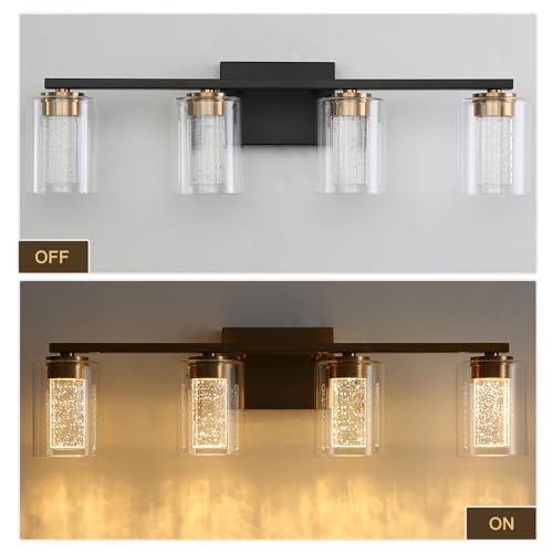 Image of 4-Light Black Bathroom Light Fixture, Dimmable 5CCT Black and Gold Bathroom Vanity Lights, 2700K-6500K Modern Crystal Bubble LED Wall Sconce Over Mirror with Clear Glass