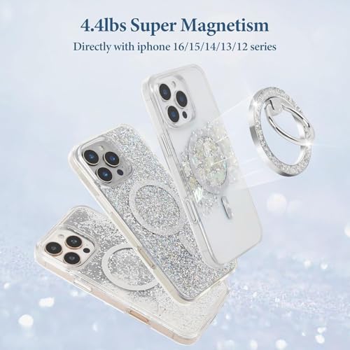 Image of ANEWSIR for MagSafe Phone Grip Magnetic Phone Ring, for iPhone 12-17 Series, Stylish Glitter Silver Series (Silvery+Colorful Stickers) (Silver)
