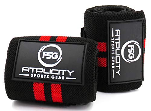 Fitplicity Premium Weight Lifting Wrist Wraps (Red Stripe)