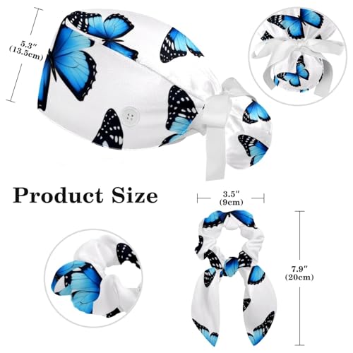 Image of Colored Butterflies Scrub Caps Women Ponytail, Adjustable Bouffant Surgical Caps with Button, Nurse Hats Long Hair