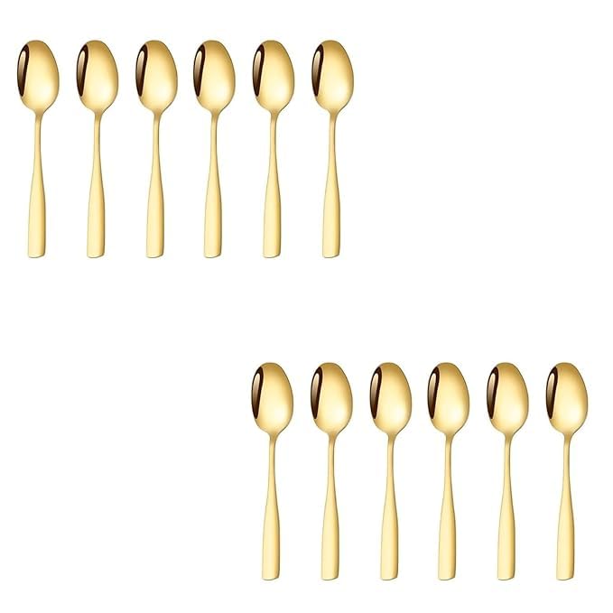 Stainless Steel Spoons Set with Round Edge Luxury Dinning Heavy Duty Tableware Cutlery Set Durable Dinner Spoons Length 18.7cm Mirror Polished for Home,Kitchen&Restaurant (Gold, 12)