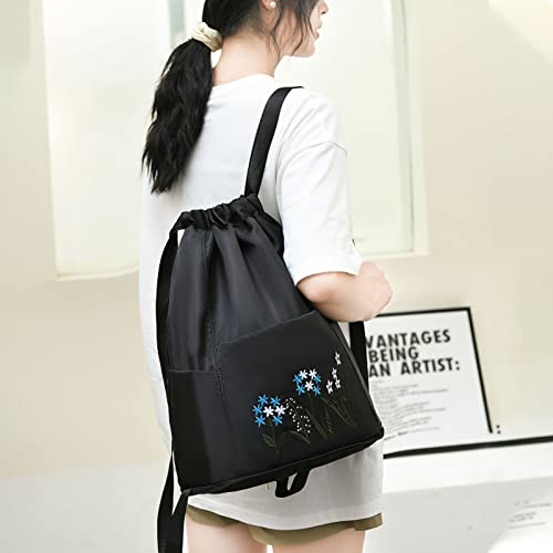 Yitengteng Pull String Backpack,waterproof Nylon Foldable Sports Gym Drawstring Tote Bag Embroidered Flowers Backpack for Women (Black)3
