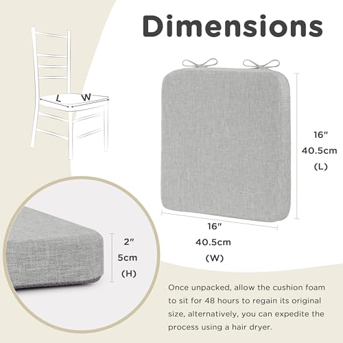 Image of AddGrace Square Chair Cushions for Dining Chairs 6 Pack 16x16x2inch L Grey | Non Slip, Removable Cover with Ties, Textured Fabric, for Kitchen Dining Room Indoor, Hard Wooden Chairs, Family Gathering