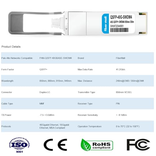 Image of 40GBASE-SR SWDM4 Optical Transceiver Module, Compatible with Palo Alto Networks PAN-QSFP-40GBASE-SWDM4,40G QSFP+ 850 /880 /910 /940nm 350m Duplex LC MMF DDM