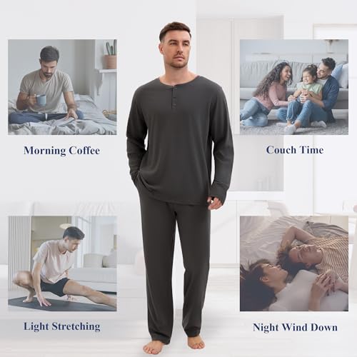 Mens Pajamas Set Henley T-Shirt Comfy Pj Sets Long Sleeve Pajamas Cotton 2-Piece Loungewear Nightwear with Pockets 6