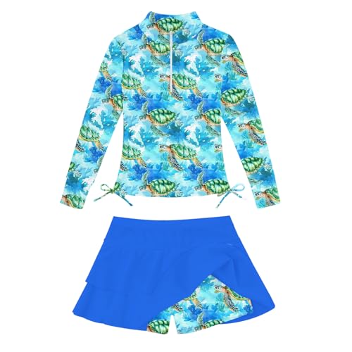 Image of Vogseek 3-12T Girls Swimsuit Long Sleeve Rashguard Bathing Suits Swim Set | Quick Dry, UPF 50+ Sun Protection, Swimming Skirt, Boyshorts, Zipper Two Piece Long Sleeve Swimsuits, Adjustable Drawstring