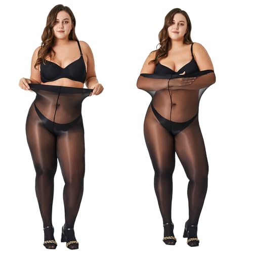 Aaronano 2 Pairs Women's Shiny Pantyhose Plus Size Oil Sheer Tights High Waist Shimmer Stockings（Black，XL-XXL）