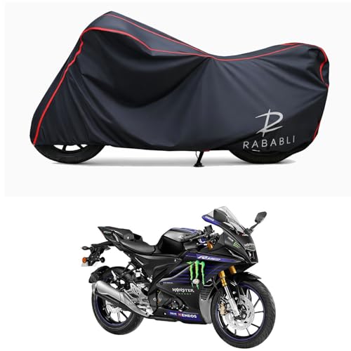 Image of Waterproof Bike Body Cover Compatible for | Yamaha R15 V4 M MotoGP | Taffeta Fabric, Red Piping Design, Bottom Elastic Fit | Dustproof, Sun UV & Rain Protection for All Bikes