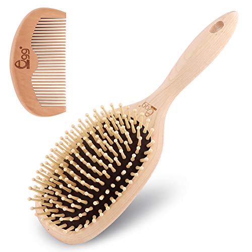 Black Egg Wooden Hair Brush for Women, Men and Kids Natural Bamboo Bristle Detangling Hairbrush for Thin Long Curly Hair Health and Massage Scalp Brush with Hair Comb & Hair Rings