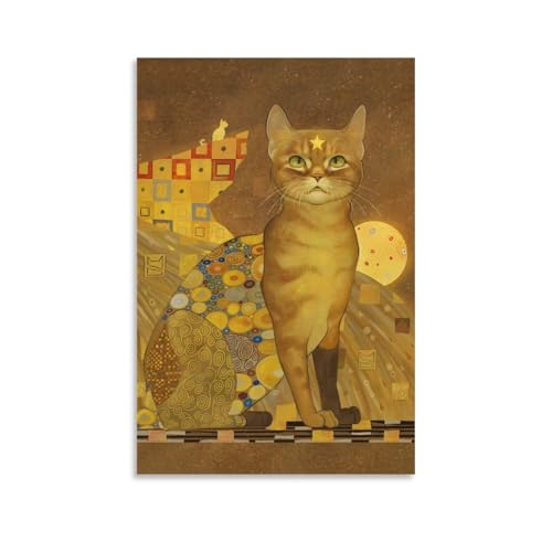 グスタフクリムト猫アートキャンバス絵画抽象的なレトロな動物ペット黄色のポスター パネル モダン部屋飾り 壁の絵 インテリア ホームアートワーク12x18inch(30x45cm)