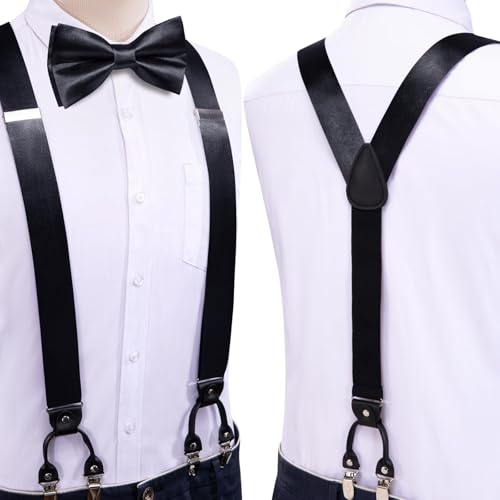Image of Hi-Tie Men Suspender Bowtie Set Suspenders Pre-tied Bow Tie Pocket Square Cufflinks Adjustable Y Shape 6 Clips Braces Tuxedo