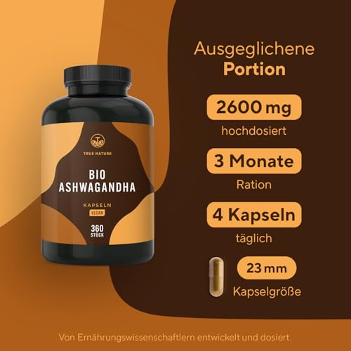Bio Ashwagandha - 360 Kapseln (BIG PACK) - Hochdosierte 2600mg pro Tag (90 Tage) - 650mg pro Kapsel - indische Bio Schlafbeere - Vegan, Laborgeprüft, Deutsche Produktion - TRUE NATURE