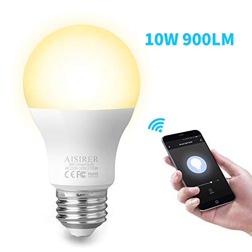 AISIRER - Bombilla LED WiFi inteligente, 10 W, 900 lm, compatible con Amazon Alexa Echo Google Home Assistant, no requiere hub, regulable, luz cálida, 2700 K, E27