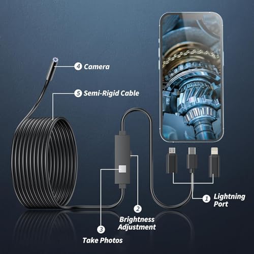Endoscope Camera with Light, Inspection Camera with 5" IPS Screen, Endoscope with 32GB TF Card, 16.4ft Semi-Rigid Cable Borescope with Dual Lens, IP67 Waterproof LED Lights, Hardshell Case