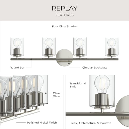 Image of Progress Lighting Replay 31.125 Inch 4-Light Vanity Light, Transitional, Polished Nickel with Clear Glass Shades, (7.875 inch H x 31.125 inch W x 6 inch D), P300584-104