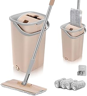 Bycarm Squeeze Mop and Bucket Set with 4 Washable and Reusable Microfiber Mop Pads for Floor Cleaning, Flat Floor Mop and Bucket with Wringer Set and a Holder