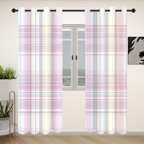Set of 2 Pink Tartan Check Blackout Curtains Opaque Thermal Gingham Drapes with Eyelets 175 cm Long x 70 cm Wide Country House Style for Living Room & Bedroom - Image 3